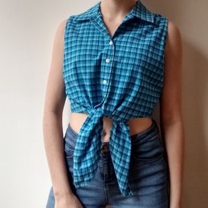 Vintage 90's Blue Plaid Knot Front Sleeveless Top